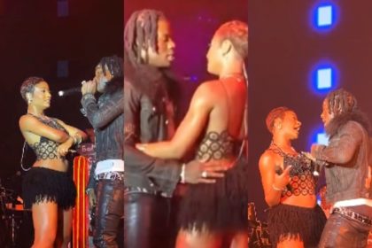 On-stage affection between Rema and Ayra Starr as they share intense gaze and heartfelt hug