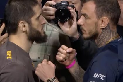 Islam Makhachev, Renato Moicano have tense first staredown at UFC 311 ceremonial weigh-ins