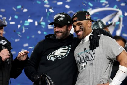 Nick Sirianni celebrates Jalen Hurts on stage after NFC Championship win