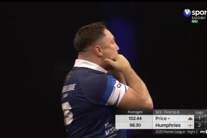 ‘Box office’ – Gerwyn Price whistles back at fan and mouths X-rated response after being heckled during match