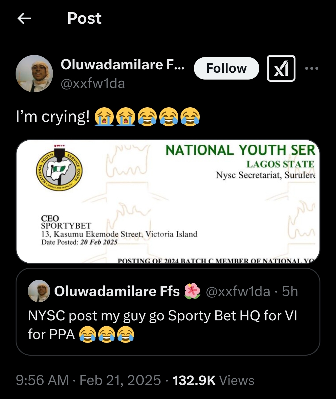 Man can’t believe his eyes as NYSC Posts Friend to SportyBet Headquarters for PPA