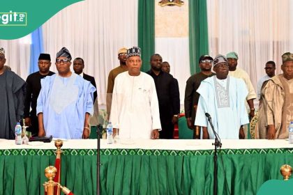 Photos: Tinubu takes leader as Shettima, Akpabio, Ganduje meet at major APC event, see details