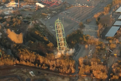 Implosion of world’s tallest roller coaster Kingda Ka caught on camera during planned Six Flags demolition