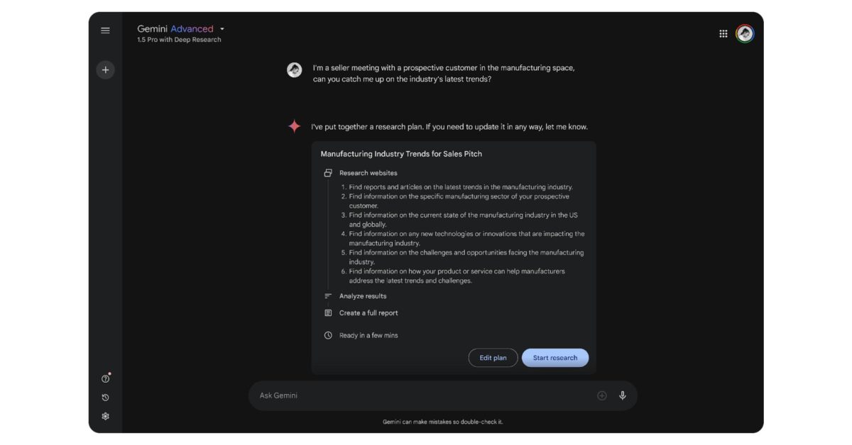 Gemini Deep Research rolling out to Google Workspace
