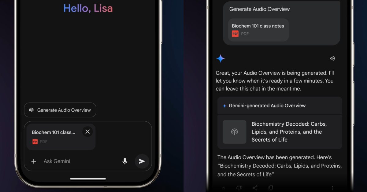 Gemini app rolling out Audio Overviews to Android, iOS