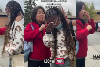 Oyinbo woman reactions as she sees lady’s braids for first time goes viral