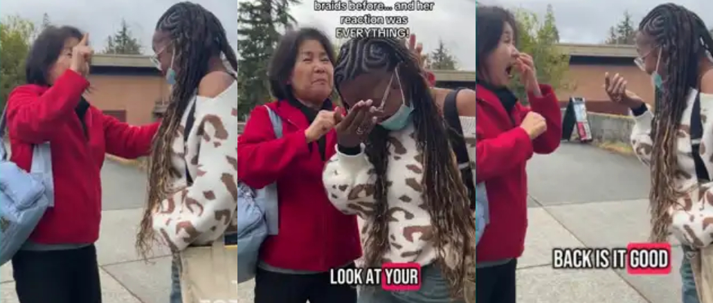 Oyinbo woman reactions as she sees lady’s braids for first time goes viral