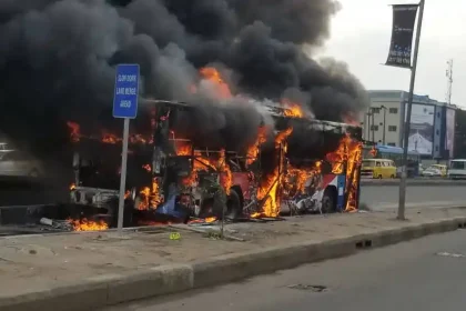 Driver, motor boy flee as BRT bus catches fire in Lagos