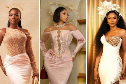 The Ladies Came in Blush, Beige & Big Fascinators for Priscilla Ojo & Juma Jux’s White Wedding