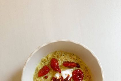 Vegan Coconut Curried Oatmeal With Blistered Tomatoes