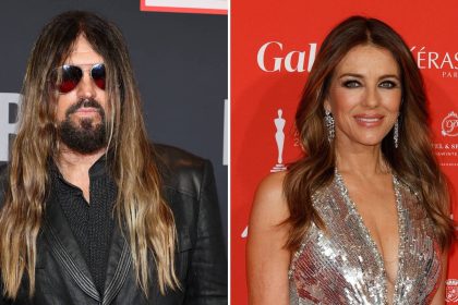 Elizabeth Hurley and Miley Cyrus’ dad kiss in surprise photo — and her son Damian’s reaction is priceless