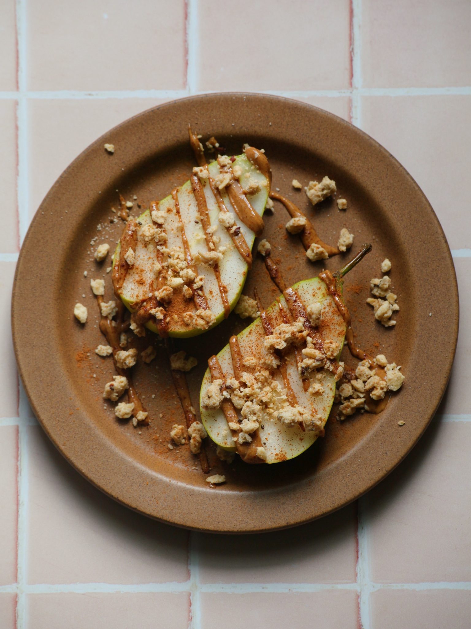 Dressed-Up Pear Slices With Almond Butter and Granola