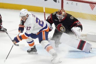 Ottawa Senators backup Leevi Merilainen making a brief stop in Belleville