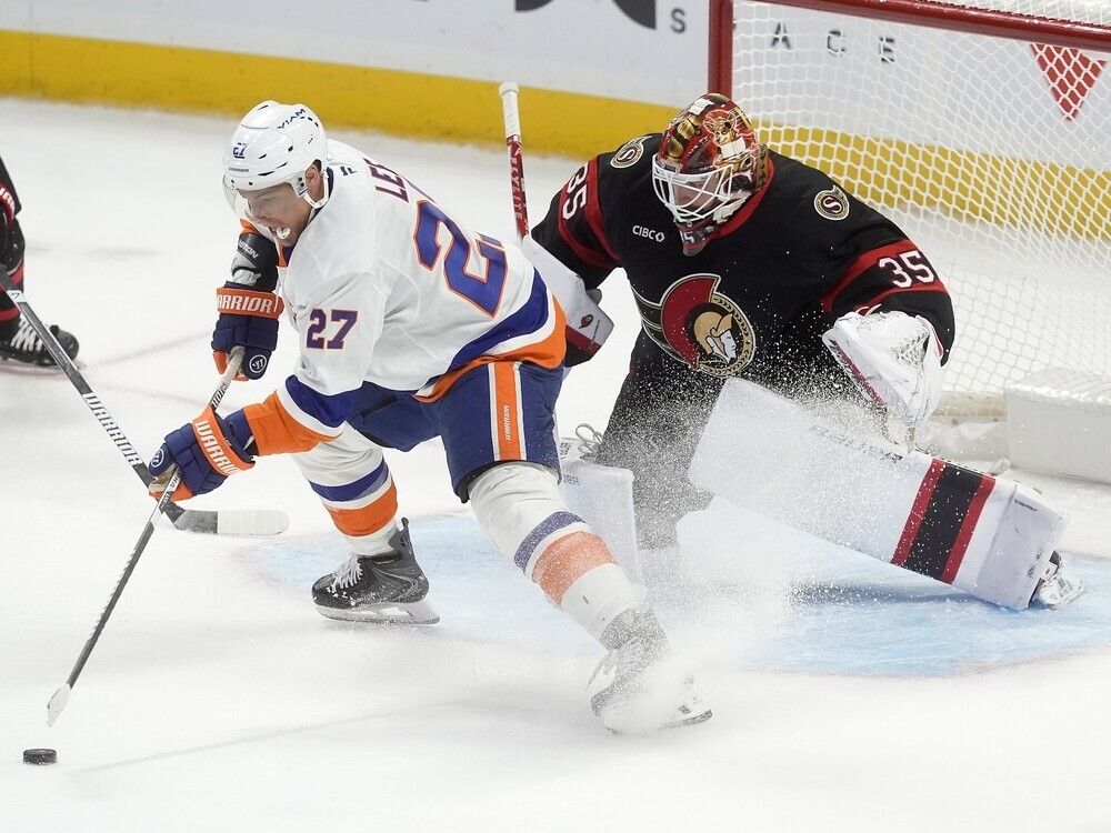 Ottawa Senators backup Leevi Merilainen making a brief stop in Belleville