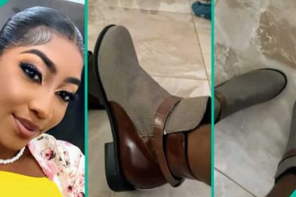 Watch hilarious video as lady displays shoes her US-based uncle sent to her