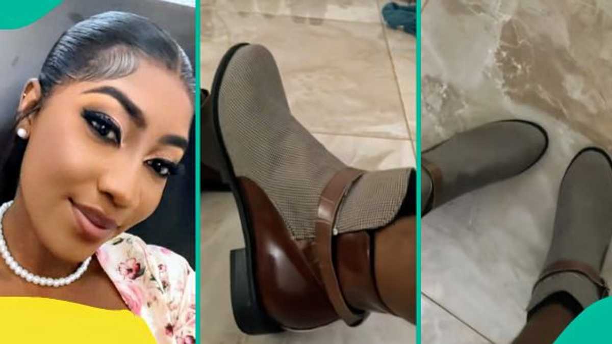 Watch hilarious video as lady displays shoes her US-based uncle sent to her